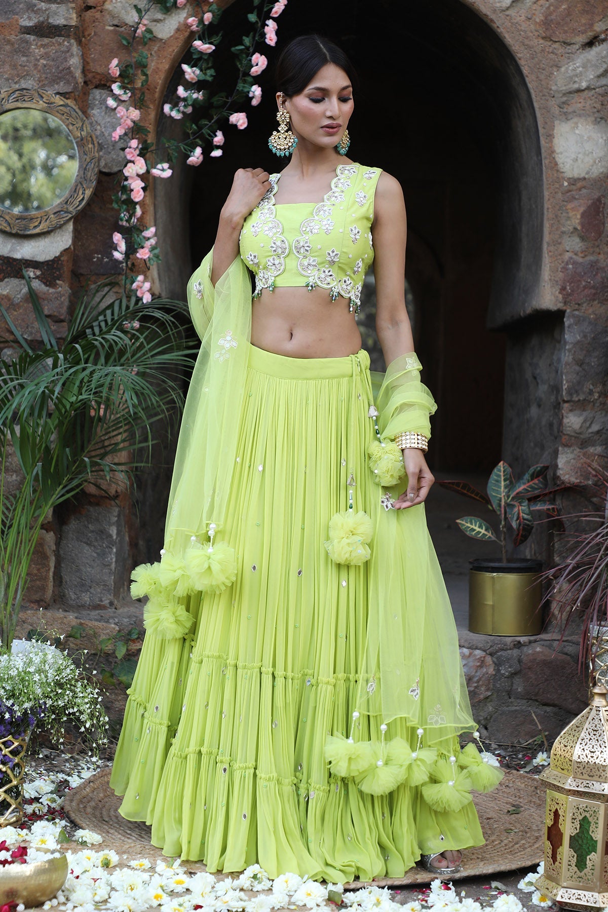 Buy Neon Green Zari Work Lehenga Set by Nitisha Kashyap for women online at ScrollnShops